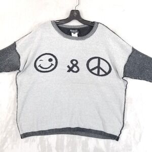 Angel Sweater Women XL Black Gray Cotton Blend Boxy Oversized Peace Happy Face